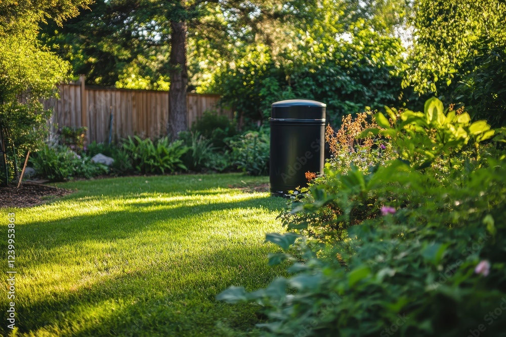 Green Bin in Serene Garden Setting with Natural Light Green Bin in Serene Garden Setting with Natural Light