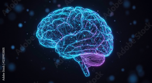 Digital Brain: Abstract rendering of a human brain in vibrant teal and purple hues, with a dark background and sparkling particles, highlighting its complex network of neural connections.