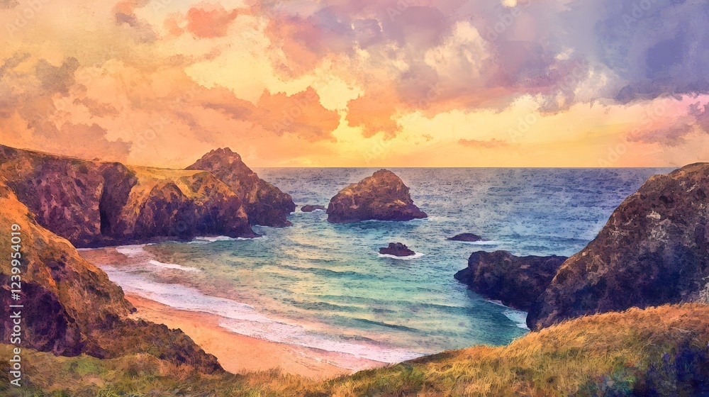 Coastal Sunset Scene With Rugged Cliffs and Sandy Beach Coastal Sunset Scene With Rugged Cliffs and Sandy Beach