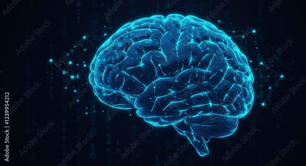 Digital Brain: A mesmerizing digital rendering of a human brain, glowing with vibrant blue light against a dark background of cascading binary code. The image evokes concepts of intelligence. Digital Brain: A mesmerizing digital rendering of a human brain, glowing with vibrant blue light against a dark background of cascading binary code. The image evokes concepts of intelligence.