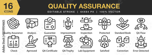 Quality Assurance icon set. Editable Stroke Icon Collection. Includes management, service, quality, guarantee, control, and More. Outline icons vector collection.