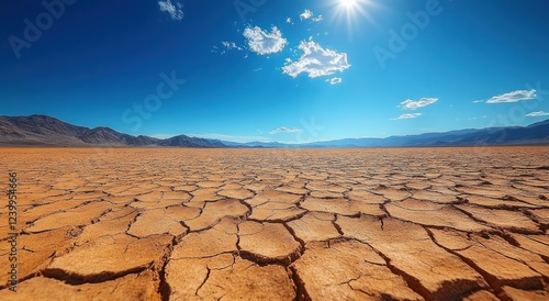 drought barren landscape cracked earth sun hot summer dry riverbed climate change global warming photo