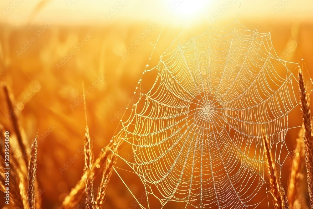 Naklejka premium Sparkling Spider Web in Morning Sunlight with Garden View
