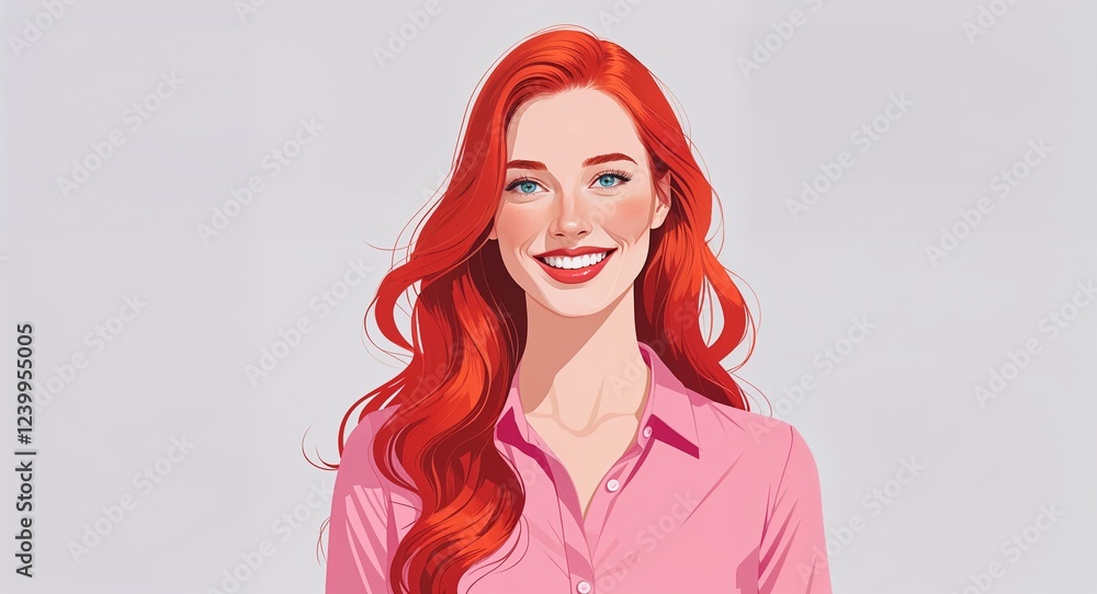 Portrait young Caucasian woman smiling long red hair pink blouse on plain white background illustration Portrait young Caucasian woman smiling long red hair pink blouse on plain white background illustration