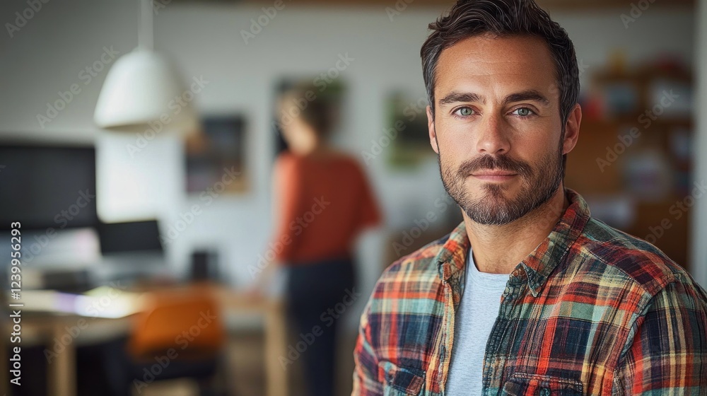 Obraz premium Focused Young Entrepreneur in Colorful Plaid Shirt in Modern Office with Team Collaborating