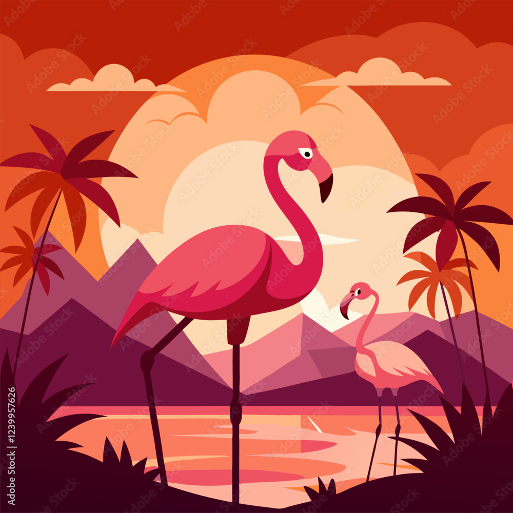 Fototapeta premium Beautiful pink flamingos at sunset background vector.