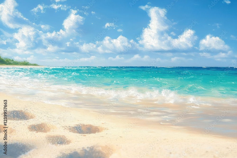 Serene Beach Scene with Soft Brush Strokes and Pastel Colors with Sunlight Reflecting on Water Serene Beach Scene with Soft Brush Strokes and Pastel Colors with Sunlight Reflecting on Water