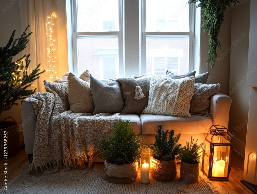 Fototapeta premium Cozy Living Room Winter Decor With Candles And Greenery
