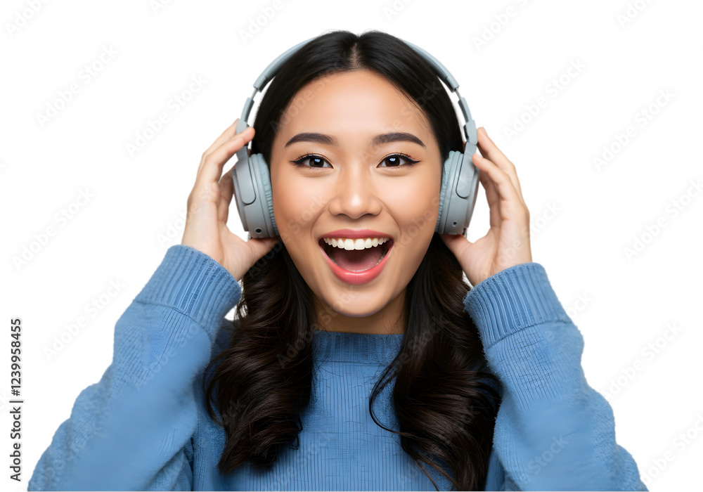 Asian woman listing to music isolated on png background Asian woman listing to music isolated on png background