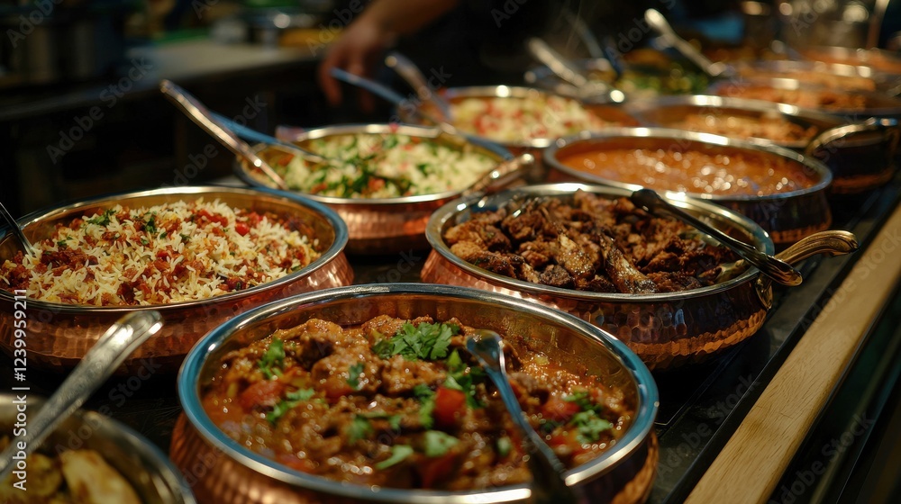 Obraz premium Delicious indian cuisine biryani and more in copper bowls