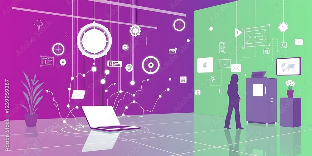 Naklejka premium Modern Office Workspace Illustrating Digital Connectivity and Workflow