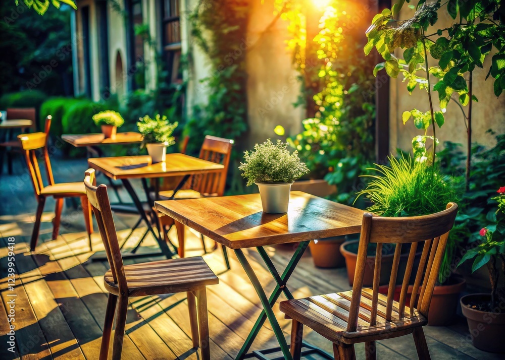 Fototapeta premium A simple outdoor cafe table bathed in warm light, creating a relaxing and minimalist patio scene.