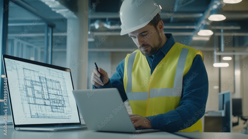 Architectural Professional Reviews Building Blueprint on Laptop Wearing Hard Hat Architectural Professional Reviews Building Blueprint on Laptop Wearing Hard Hat