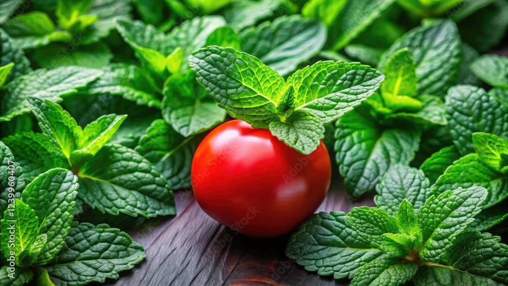 A vibrant still life: plump cherry tomatoes and fresh mint create a delicious visual feast. A vibrant still life: plump cherry tomatoes and fresh mint create a delicious visual feast.