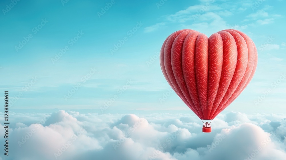 Fototapeta premium Red Heart Shaped Hot Air Balloon Ascending Above Fluffy White Clouds in a Blue Sky Background. The Image Evokes Feelings of Love, Romance, and Adventure. Keywords Include Heart, Hot Air Balloon