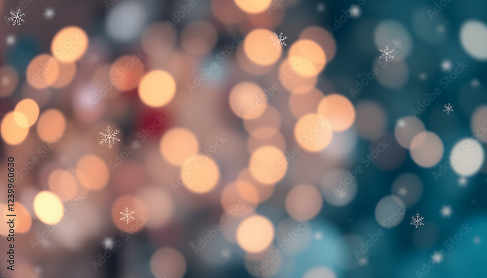 Fototapeta premium Decorative Christmas background with bokeh lights and snowflakes, doodle art. isolated with white shades