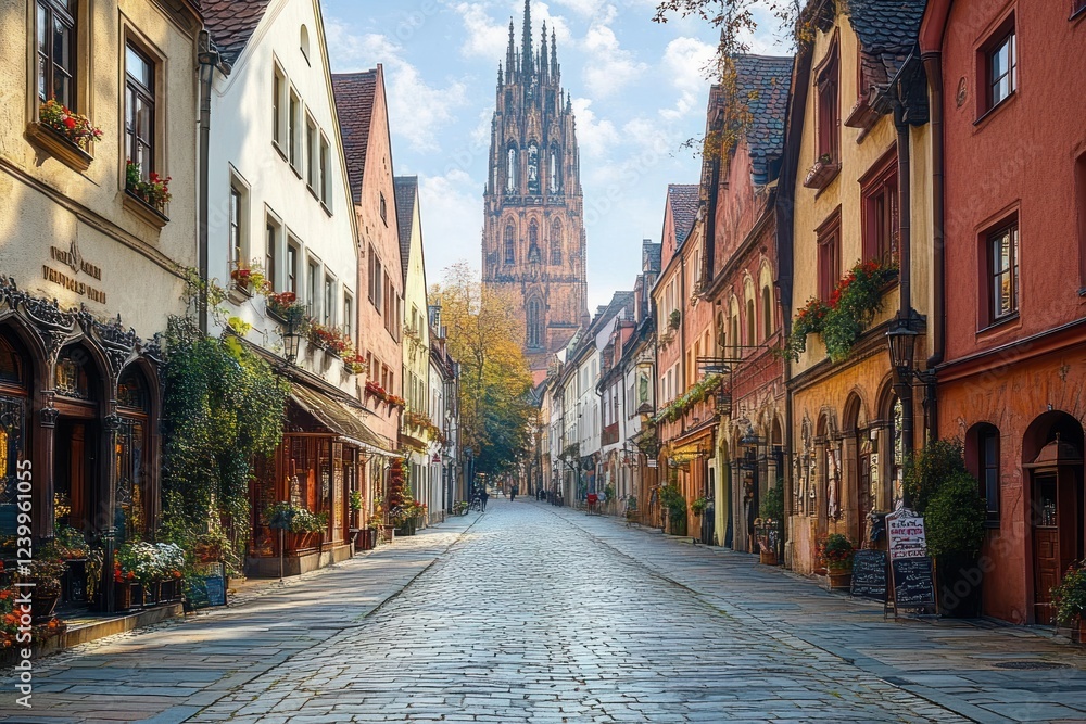 Fototapeta premium Empty Cobblestone Street in Krakow Poland with St Mary's Basilica Gothic Architecture