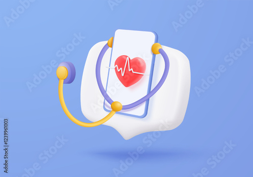 3d red heart with pulse line and stethoscope. heartbeat or cardiogram for healthy lifestyle, pulse beat measure, cardiac assistance, medical healthcare. 3d stethoscope vector icon render illustration