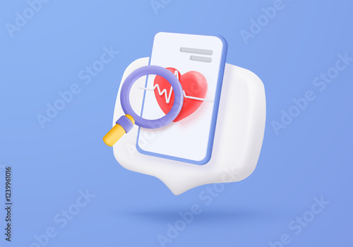 3d red pulse line with magnifier monitor. heart rate or cardiogram for healthy lifestyle, pulse beat measure, cardiac assistance, medical healthcare. 3d heart rate vector icon render illustration