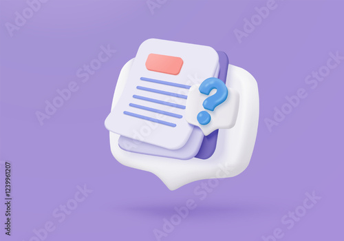 3D document list with question mark icon. paper document sheet missing with speech bubble question sign or ask FAQ and QA answer solution concept. 3d document form icon vector render illustration