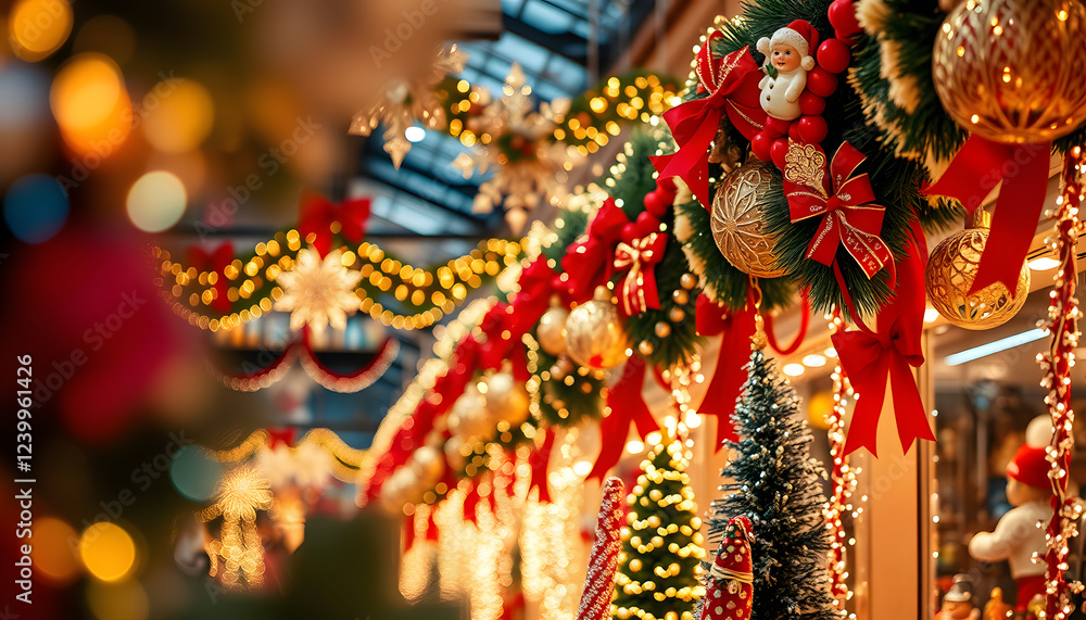 Fototapeta premium rows of vintage holiday decorations, blurry foreground. isolated with white shades