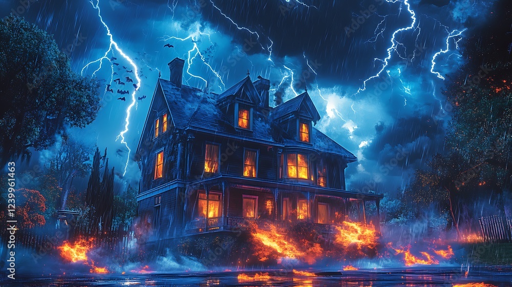 Fototapeta premium A Haunted Victorian House Burning in a Thunderstorm