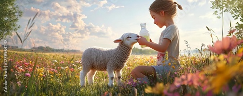 A child bottlefeeding a lamb in a peaceful field, surrounded by vibrant wildflowers, rendered in a photorealistic style photo