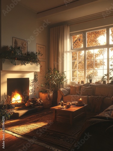 Cozy Autumn Living Room Fireplace Sunset Scene