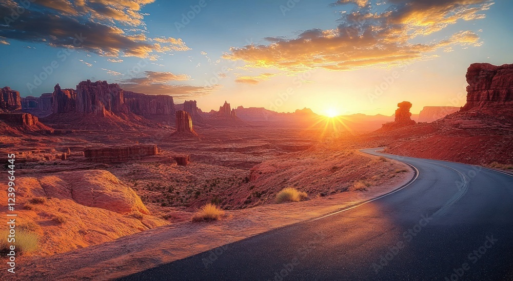 Fototapeta premium Breathtaking Desert Landscape Sunset with Winding Road and Rich Rock Formations