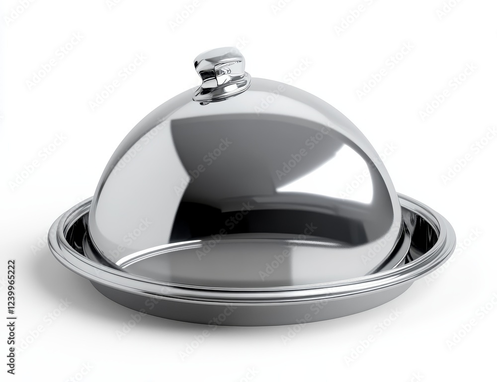 Shiny silver cloche on a platter, isolated on white. Shiny silver cloche on a platter, isolated on white.