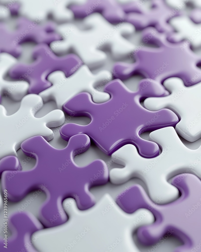 Close-up of purple and white puzzle pieces. Close-up of purple and white puzzle pieces.