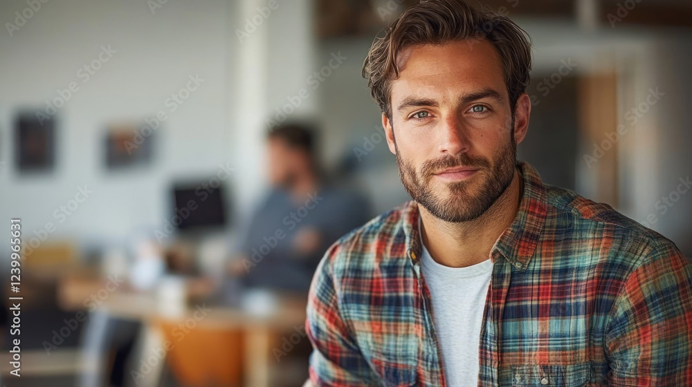 Fototapeta premium Focused Young Entrepreneur in Colorful Shirt with Colleagues Collaborating in Modern Office Environment