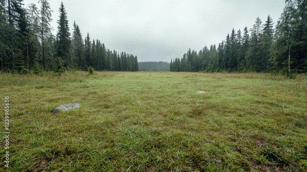 Fototapeta premium Misty forest meadow, tranquil nature scene; calming background for travel brochures