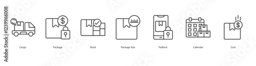 Delivery Process Icon Sheet Cargo, Package, Stock, Package Size, Padlock, Calendar, Cost