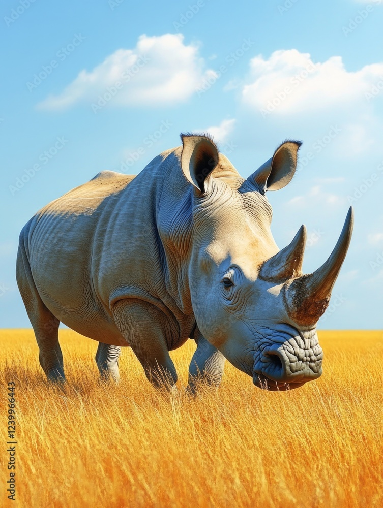 Obraz premium Large rhino standing in yellowed grasses, wildlife conservation