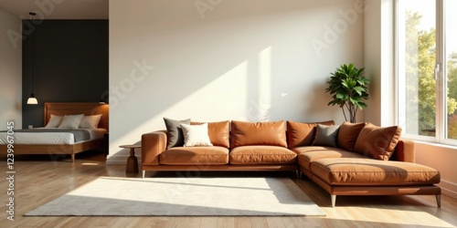 Modern apartment living room design showcasing a luxurious brown leather sectional sofa and a minimalist bedroom