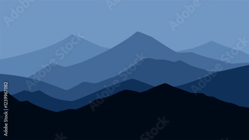 Landscape of mountain range scenery. Panoramic view of mountain peaks and ridges. Vector illustration of scenic landscape with majestic mountain range and ridges under dark blue sky