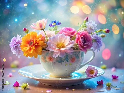 Dreamy botanical still life: double exposure captures flower's ethereal beauty within a teacup.