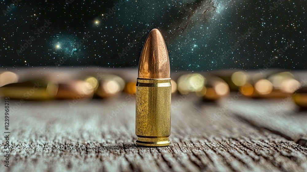 Cosmic Bullet: A Close-Up View of a Single Cartridge Against a Starry Night Sky. The image evokes themes of power, danger, and the vastness of space. Cosmic Bullet: A Close-Up View of a Single Cartridge Against a Starry Night Sky. The image evokes themes of power, danger, and the vastness of space.