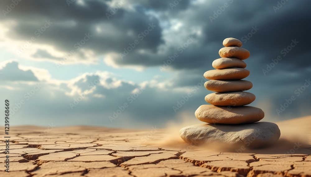 Obraz premium zen, stones, tall, stack, uneven, rugged, textures, cracked, desert, soil, dramatic, sky, sandstorm, clouds, dust, wind, trails, swirling, base, hyperrealistic, detail, serene, tranquil, harmony,
