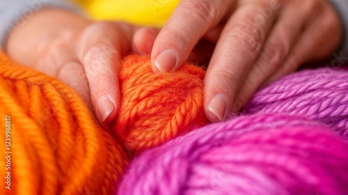 Hands working with vibrant yarn in close-up. Ideal for handicraft, textile art, and creative process themes. photo