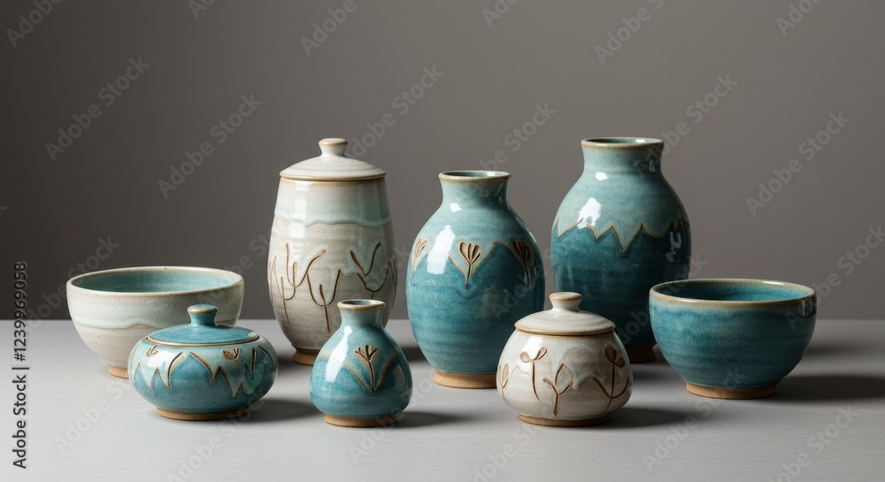 Collection of Handmade Ceramic Pottery in Blue-Green Tones, Featuring Elegant Jars, Bowls, and Vases for Home Decor and Artistic Display Collection of Handmade Ceramic Pottery in Blue-Green Tones, Featuring Elegant Jars, Bowls, and Vases for Home Decor and Artistic Display