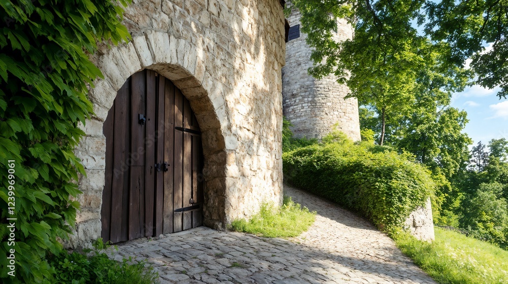 Medieval stone archway with wooden door and greenery. Perfect for historical architecture, castle entrances, and heritage tourism concepts. Medieval stone archway with wooden door and greenery. Perfect for historical architecture, castle entrances, and heritage tourism concepts.