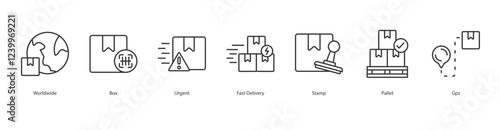 Drop Shipping Icon Sheet Worldwide, Box, Urgent, Fast Delivery, Stamp, Pallet, Gps