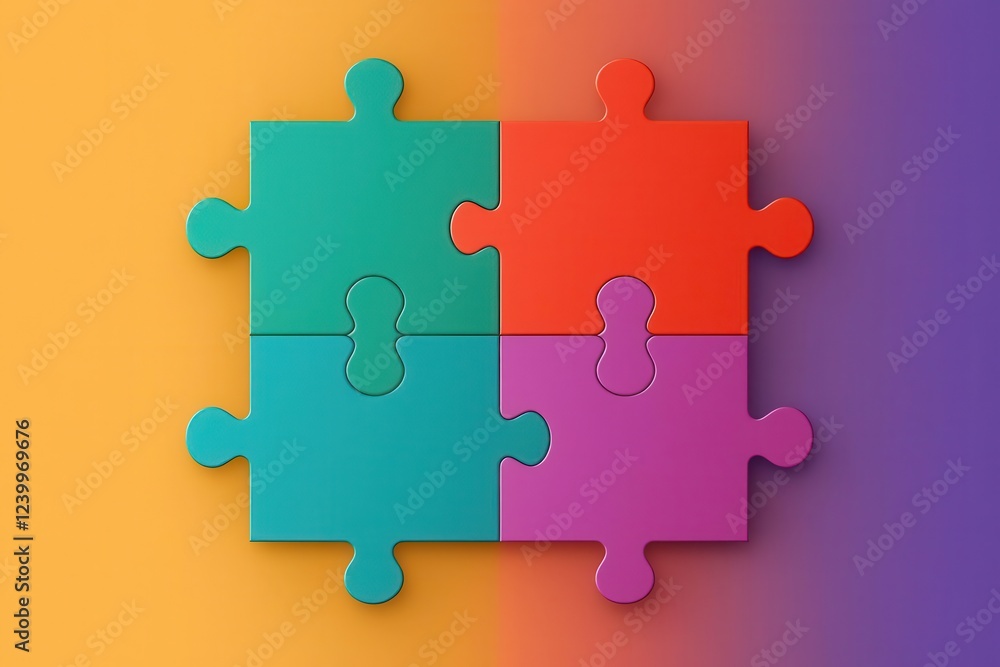 Fototapeta premium Colorful puzzle pieces fitting together on a gradient background.