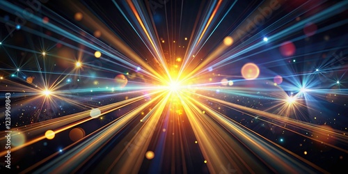 Ethereal black background showcases dynamic light rays and lens flares, creating an abstract night scene.