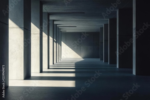 moody concrete corridor with dramatic shadows and volumetric light beams
