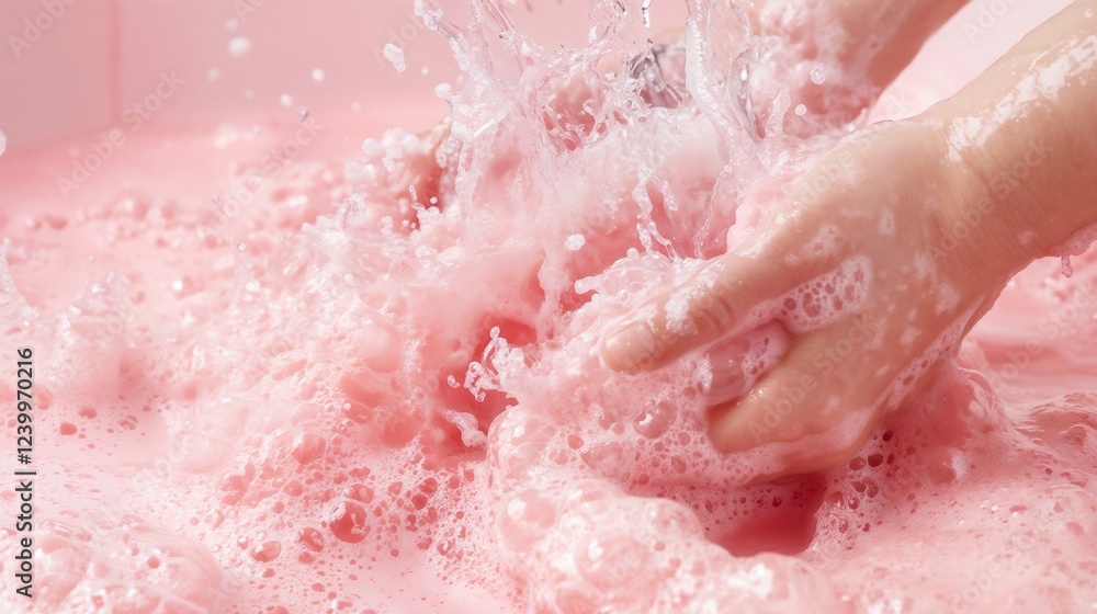 Fototapeta premium Hands washing in bubbles with playful mood in pink water