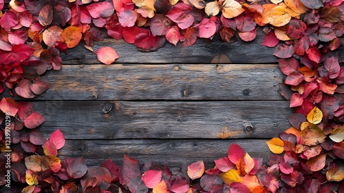 autumn leaves frame on rustic wood background photo