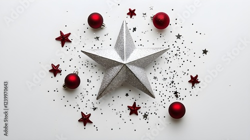 festive christmas star decoration with red ornaments and confett photo